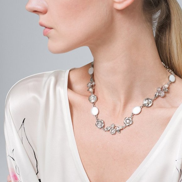 WHBM Silvertone & GENUINE Mother-Of-Pearl MOP Floral Single-Strand Neclace - Picture 2 of 4